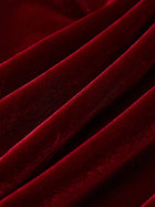 Close-up of the Pearl & Crystal Velvet Blazer by Social Queen, featuring deep red velvet with a soft texture, diagonal folds, and gentle highlights for a touch of vintage glamour.