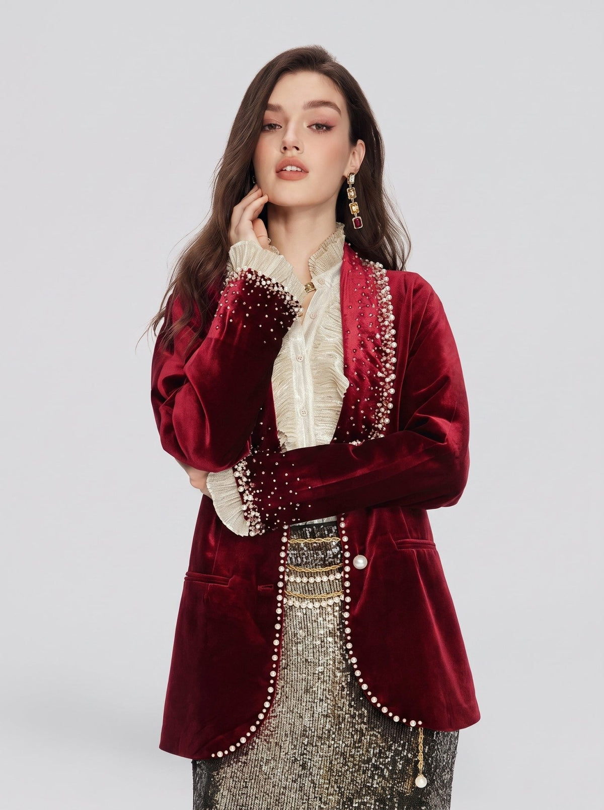 Pearl & Crystal Velvet Blazer - Social Queen