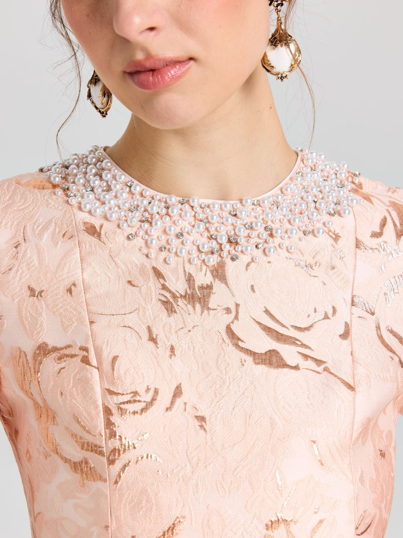Pearl Embellished Jacquard Dress - Social Queen