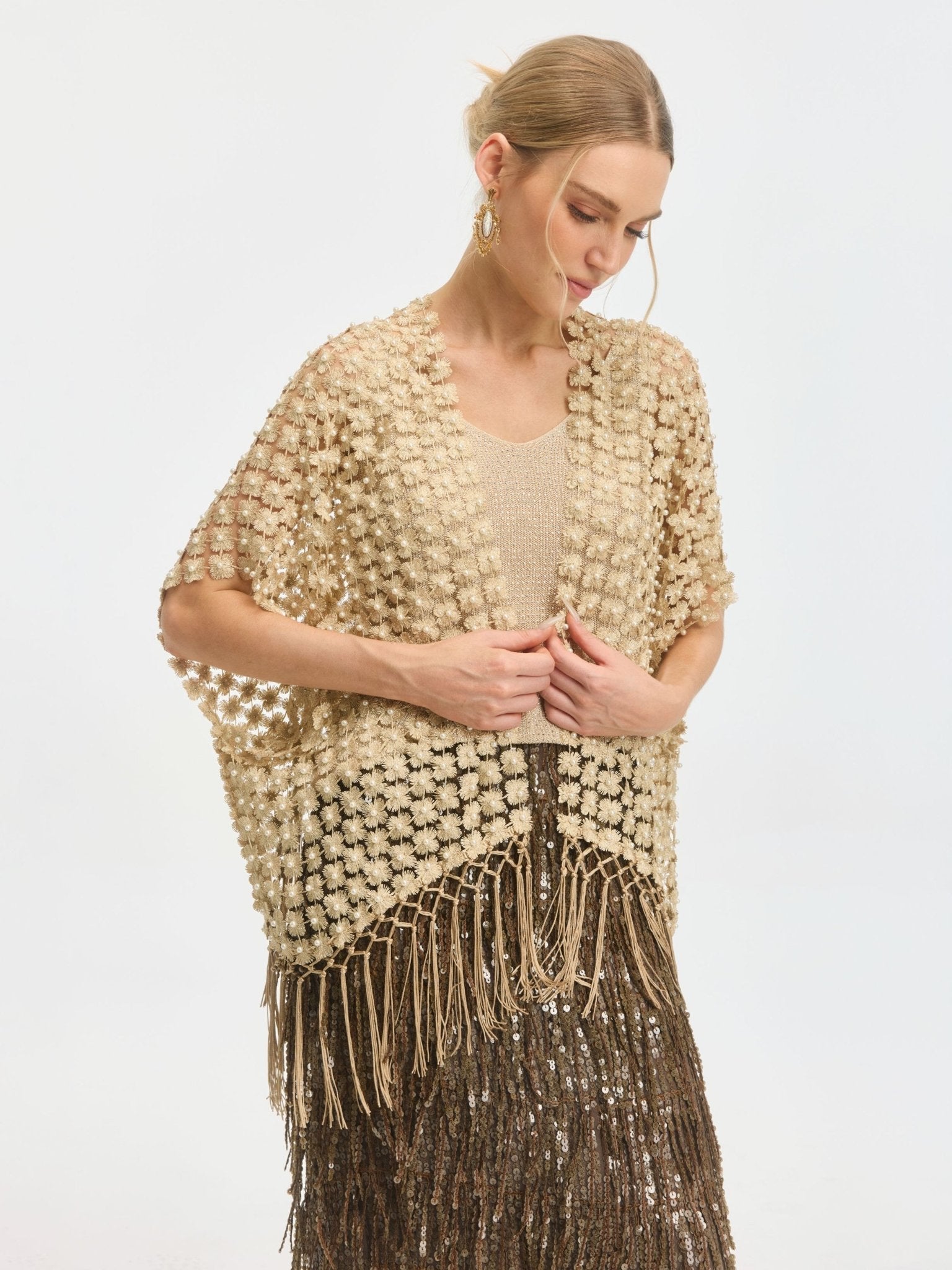 Pearl Floral Appliqué Fringe Cape - Social Queen