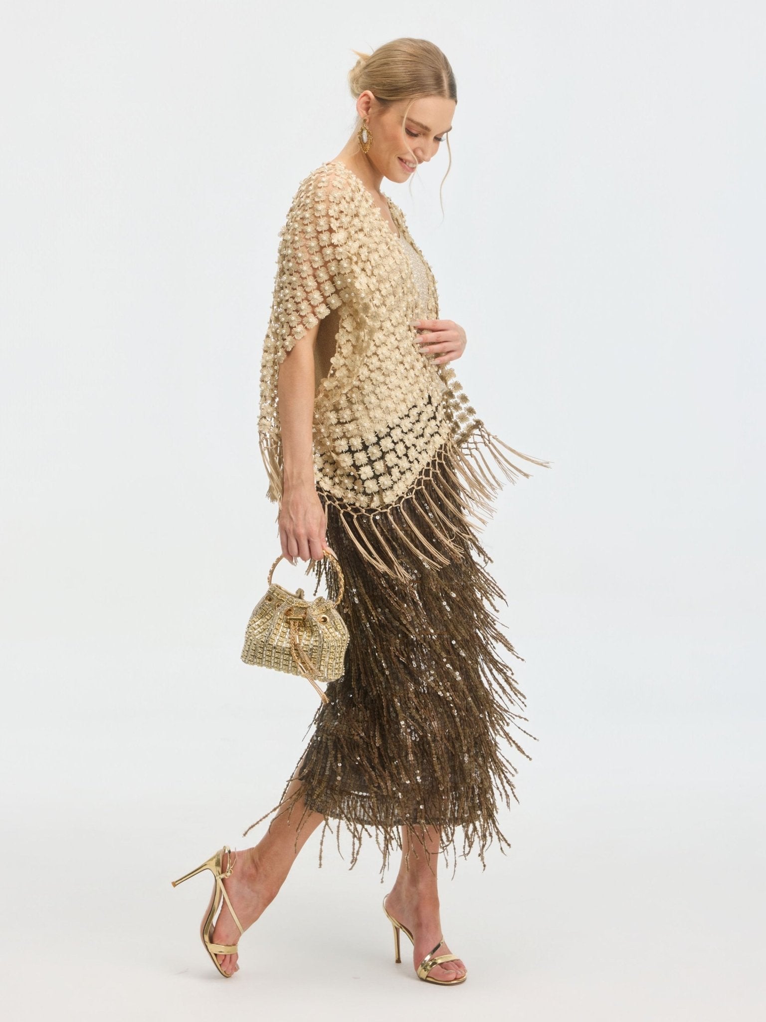 Pearl Floral Appliqué Fringe Cape - Social Queen