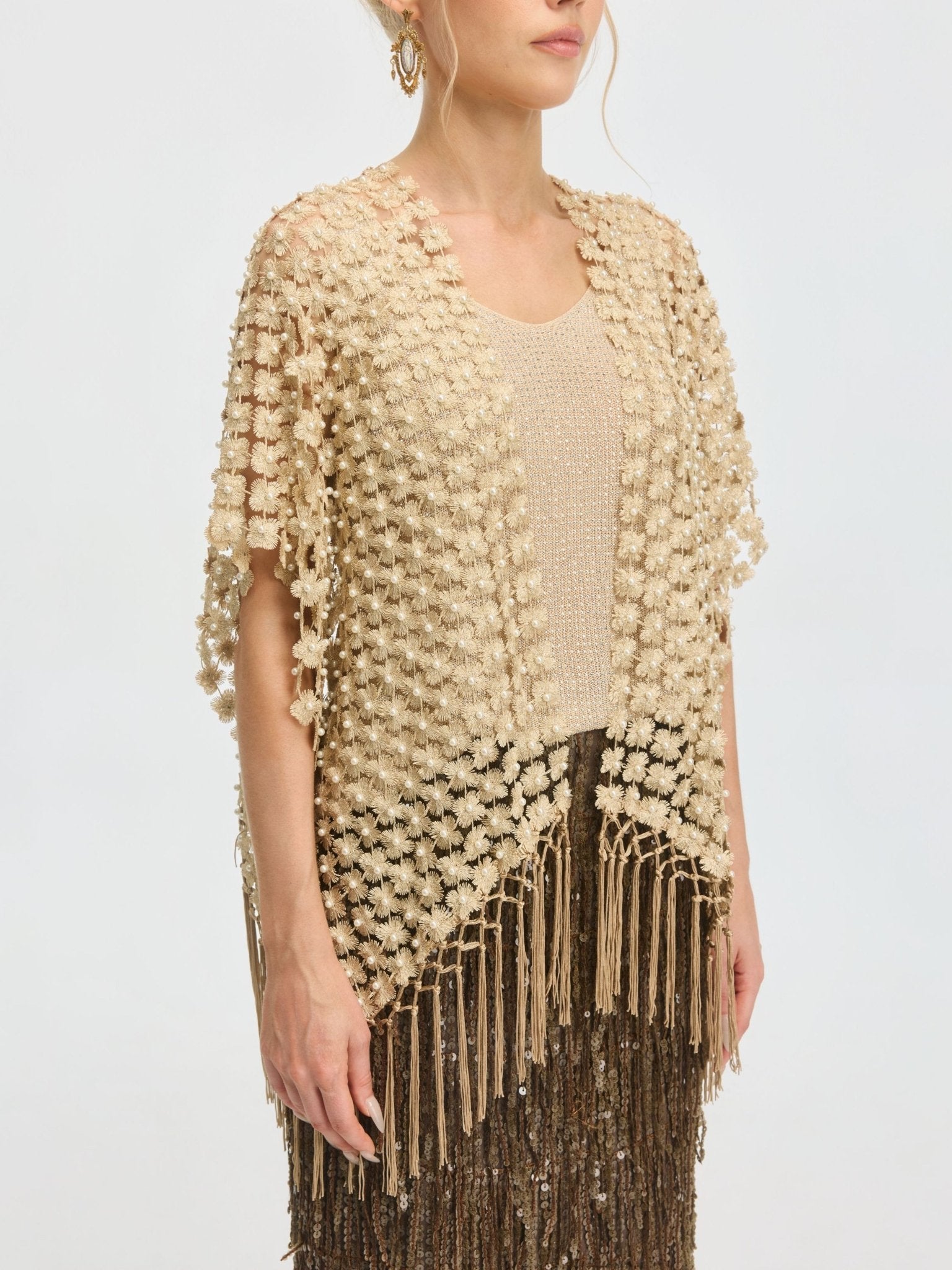 Pearl Floral Appliqué Fringe Cape - Social Queen