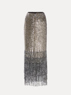 The Social Queen Pearl-Trim Sequin Fringe Skirt showcases a fitted silhouette with dense silver sequins, pearl trim, and a fringe hem.