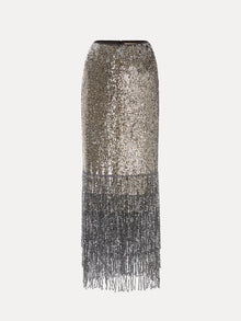 The Social Queen Pearl-Trim Sequin Fringe Skirt showcases a fitted silhouette with dense silver sequins, pearl trim, and a fringe hem.