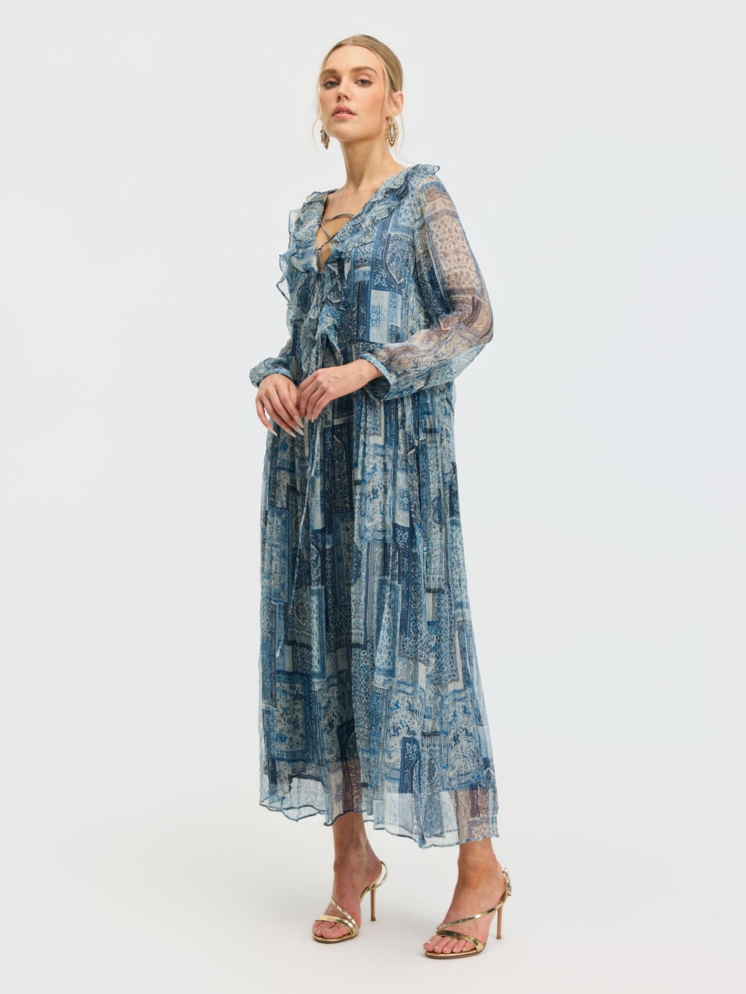 Persian Geometric Print Silk Dress - Social Queen
