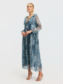 Persian Geometric Print Silk Dress - Social Queen