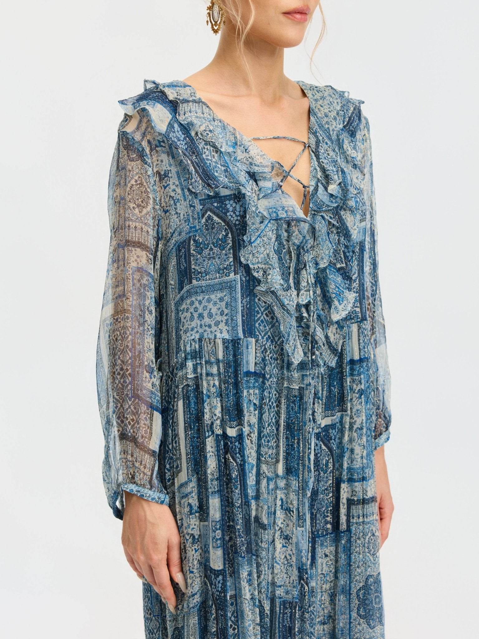 Persian Geometric Print Silk Dress - Social Queen