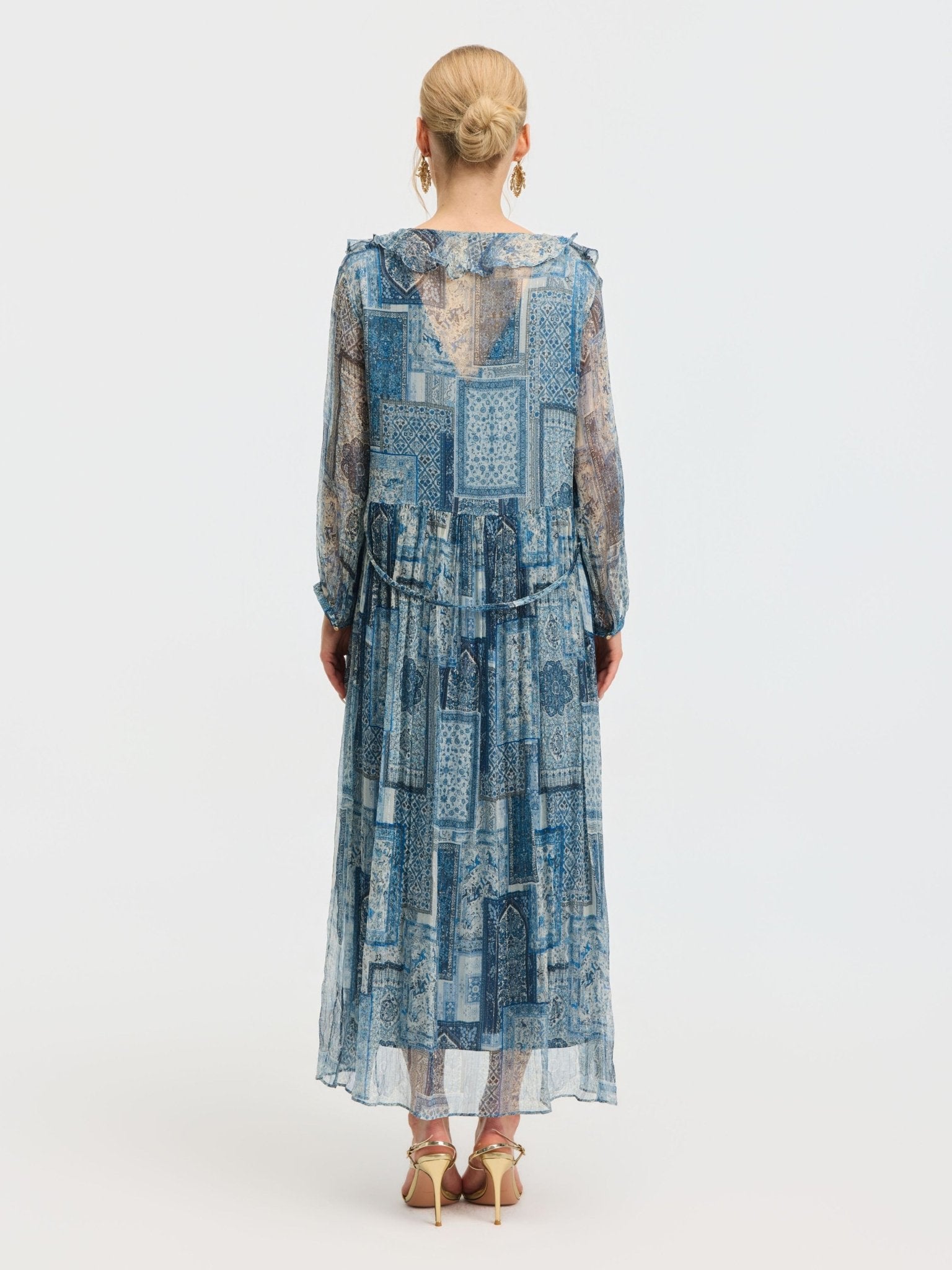 Persian Geometric Print Silk Dress - Social Queen