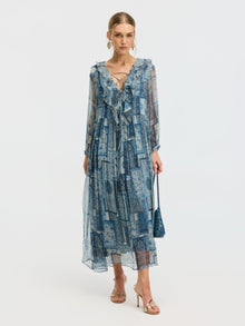 Persian Geometric Print Silk Dress - Social Queen