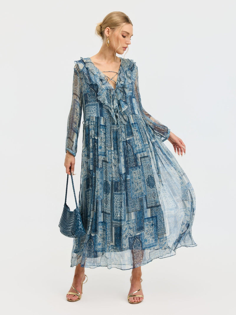 Persian Geometric Print Silk Dress - Social Queen