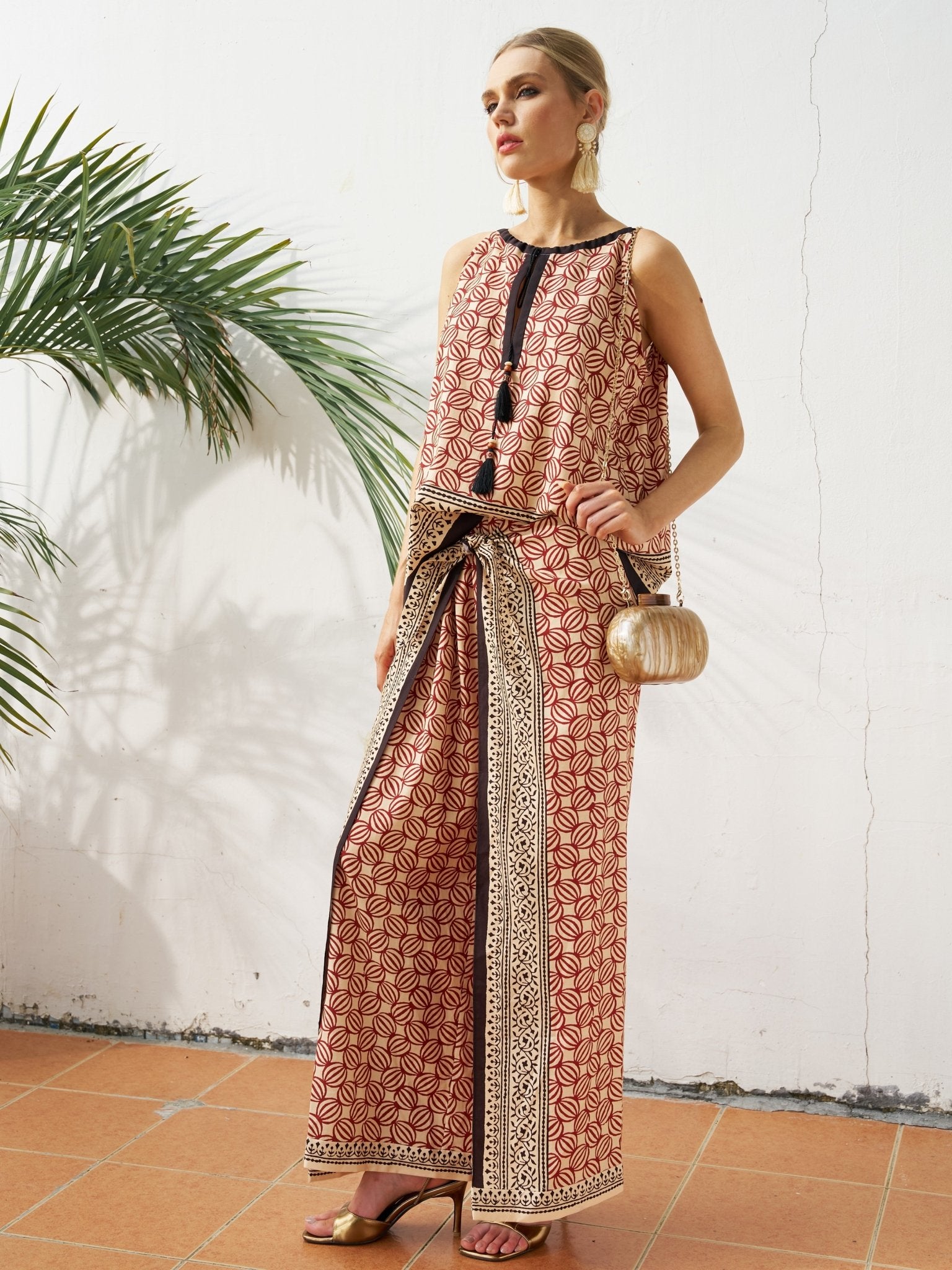Placement Print Wrap Tie Pants - Social Queen