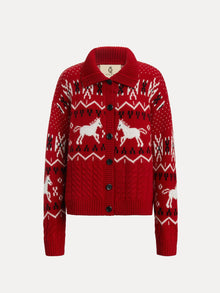 The Social Queen Playful Motif 100% Wool Cardigan is a vintage-inspired red knit with black button-up front, adorned with horse and geometric patterns on the chest, sleeves, and hem.