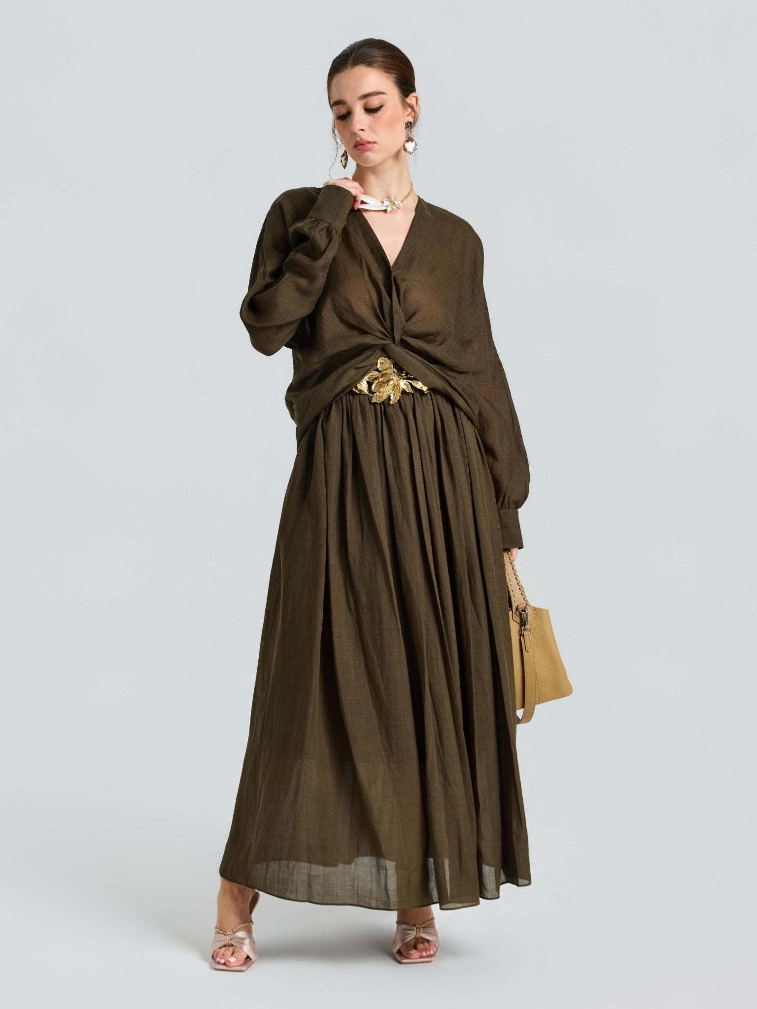 Pleated Ramie Maxi Skirt (Belt Not Included) - Social Queen