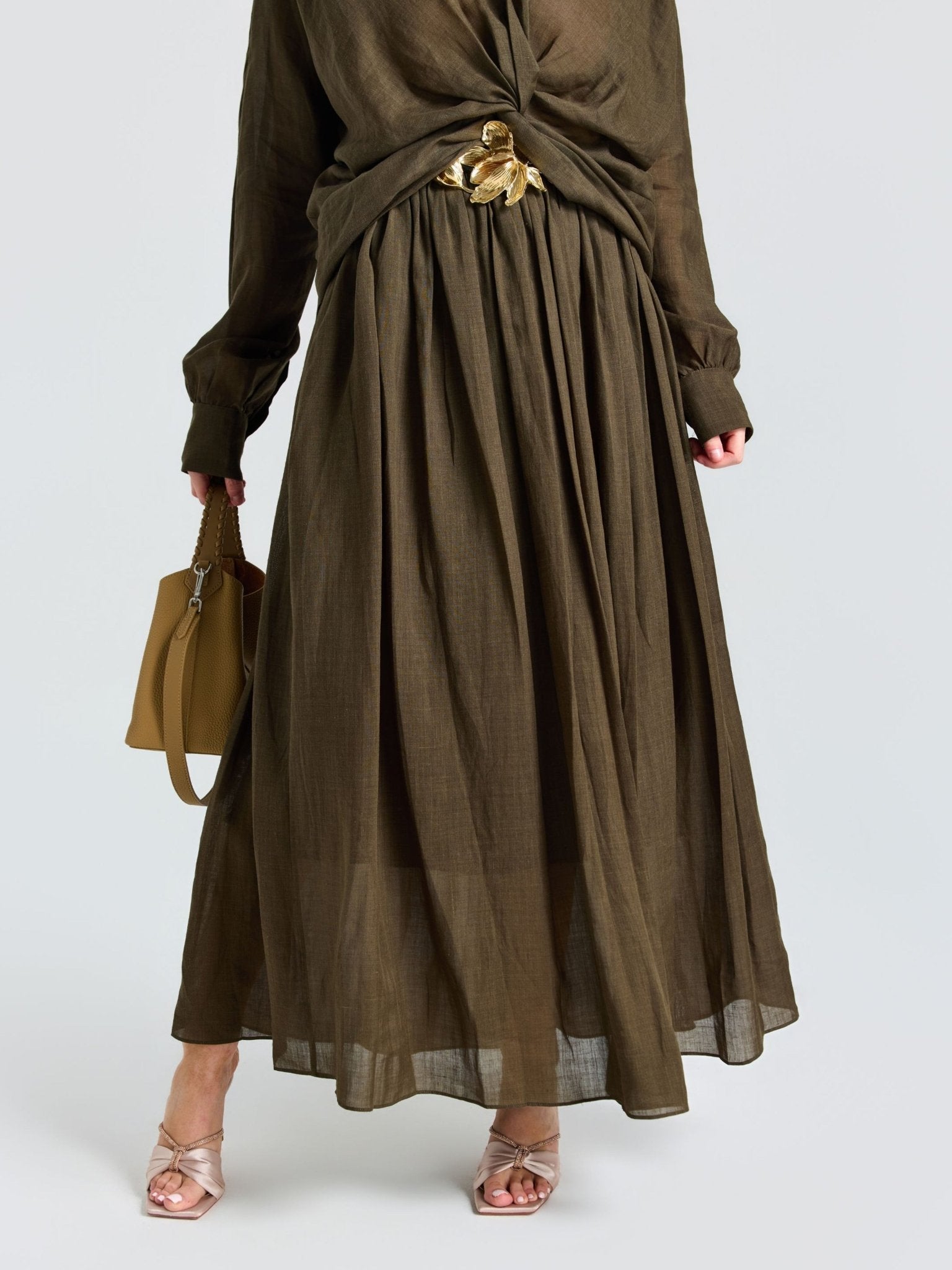 Pleated Ramie Maxi Skirt (Belt Not Included) - Social Queen
