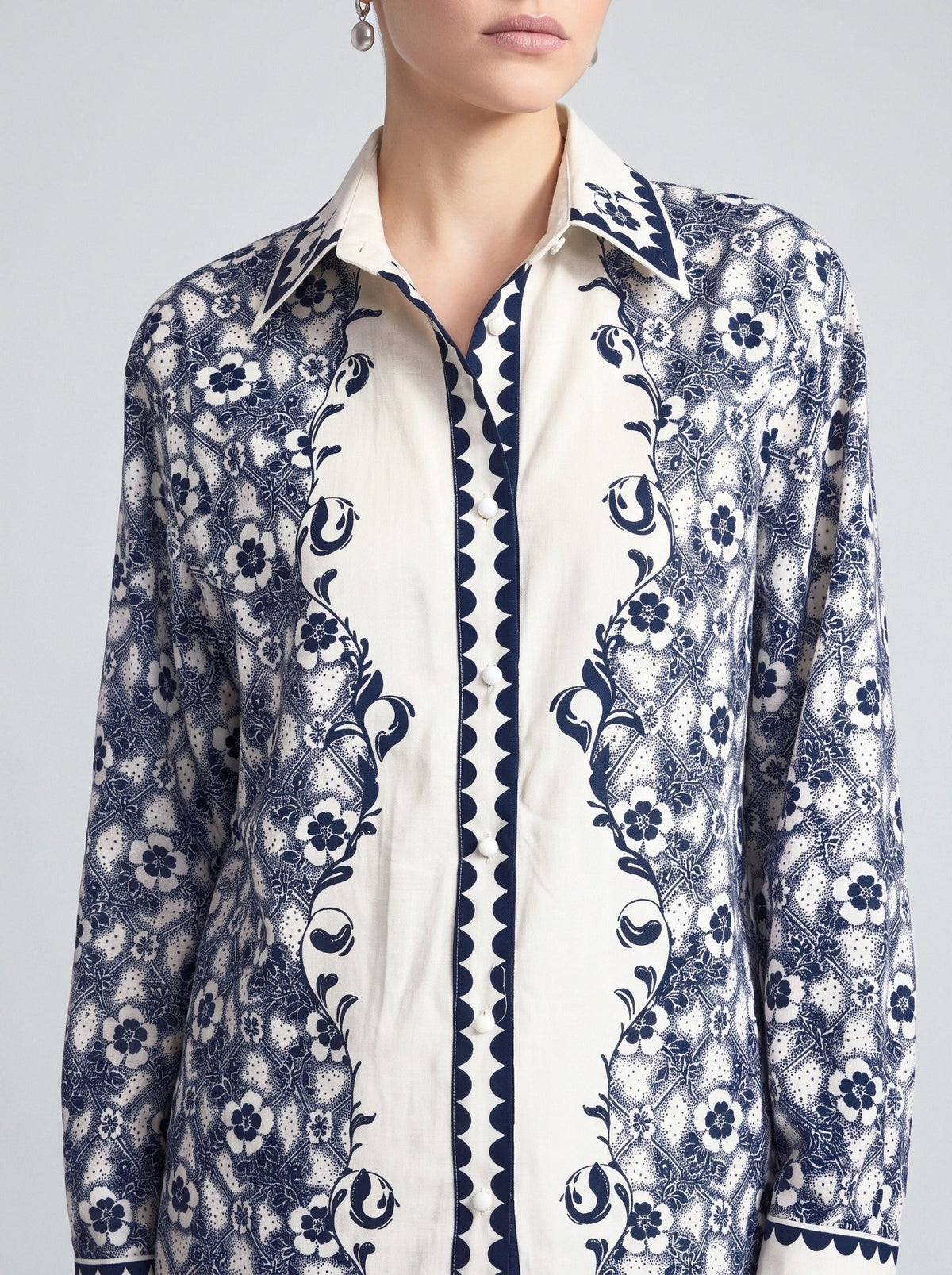 Porcelain Motif Linen Shirt - Social Queen