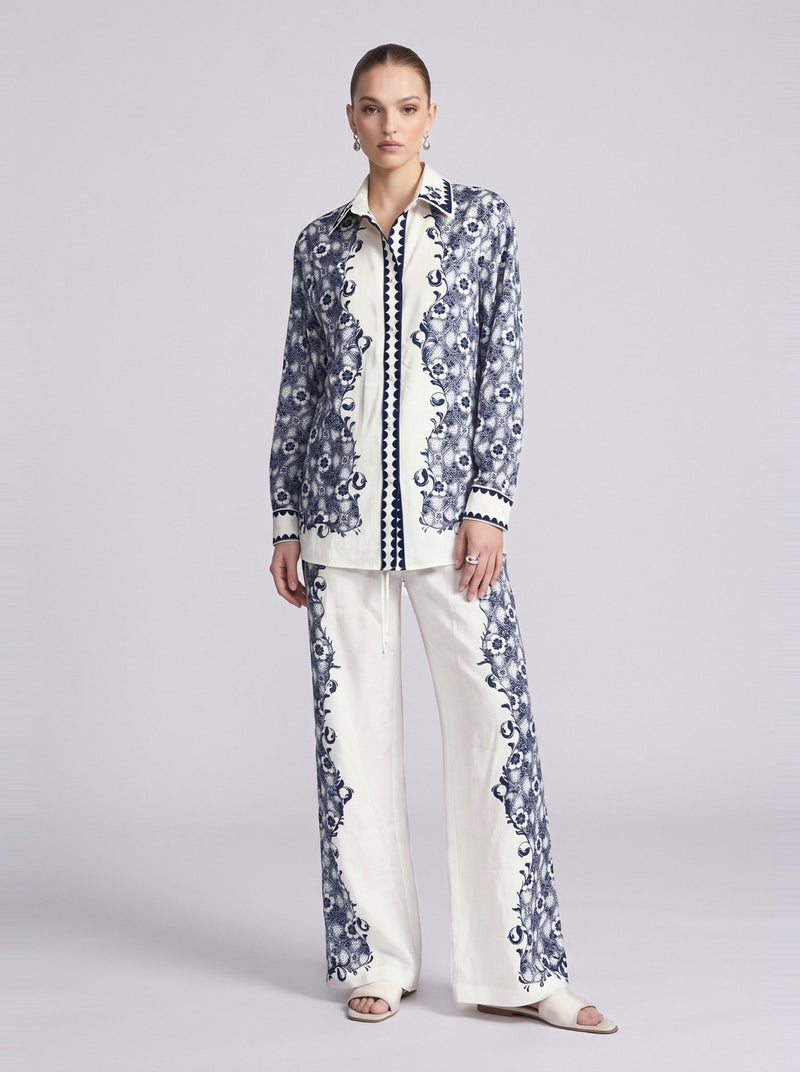 Porcelain Motif Linen Shirt - Social Queen