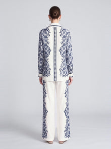 Porcelain Motif Linen Wide-Leg Pants - Social Queen