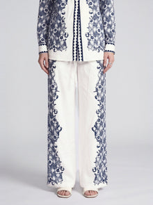 Porcelain Motif Linen Wide-Leg Pants - Social Queen