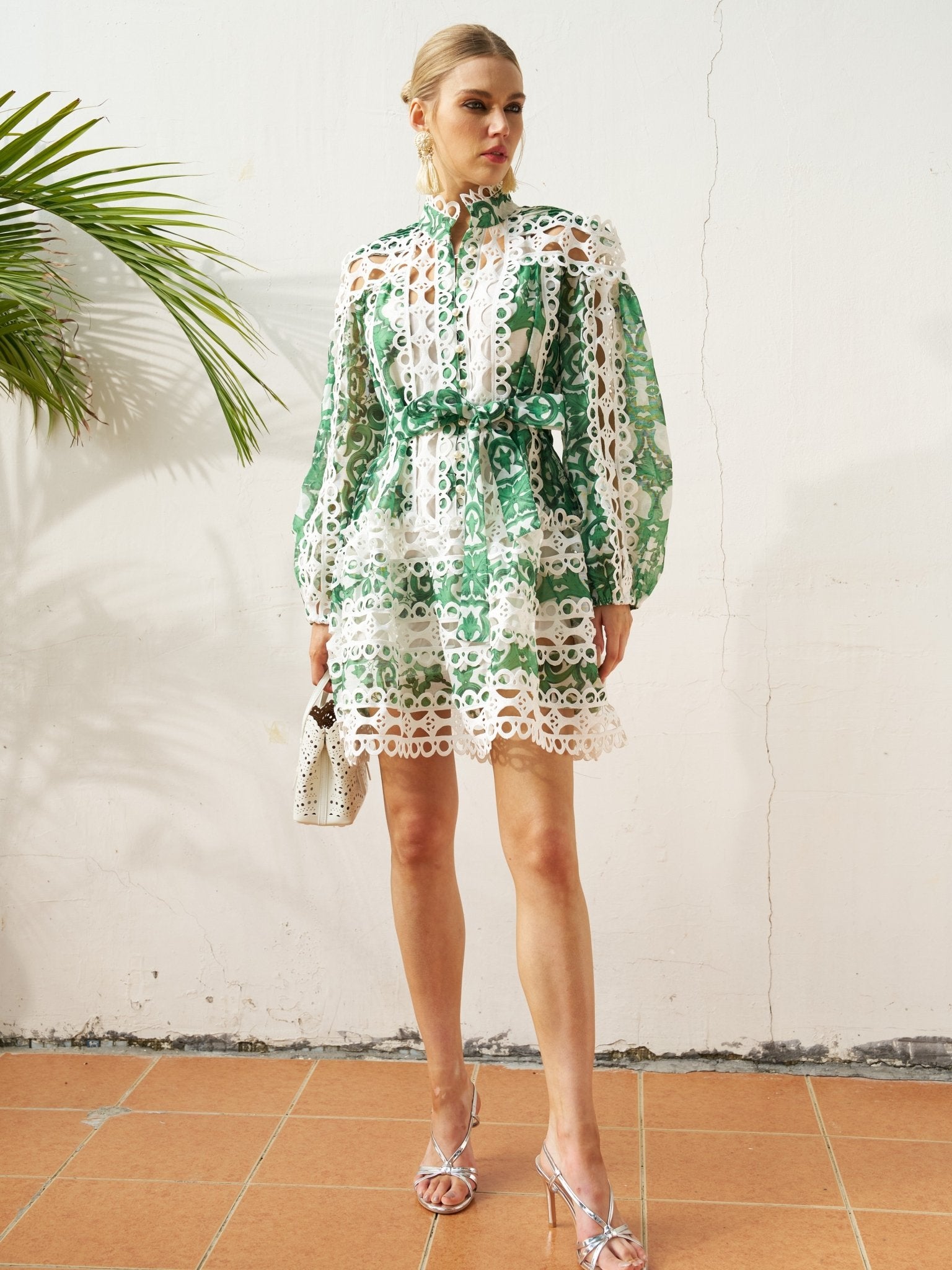 Printed Cutout Lace Mini Dress - Social Queen
