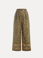 Social Queen's Printed Linen Straight-Leg Pants feature a high waist, olive and brown ornate jacquard patterns, button closure, and a decorative hem border.