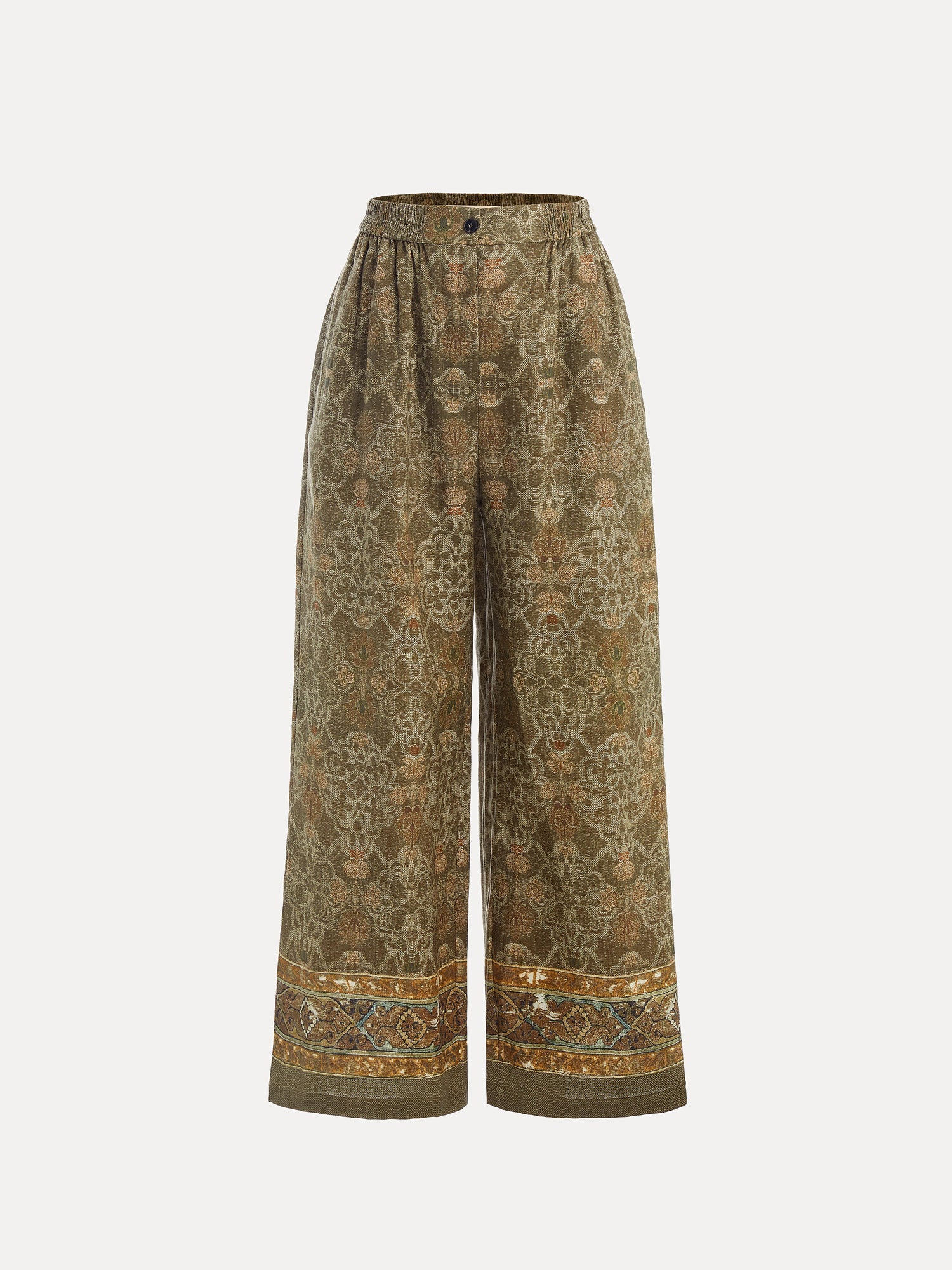 Social Queen's Printed Linen Straight-Leg Pants feature a high waist, olive and brown ornate jacquard patterns, button closure, and a decorative hem border.