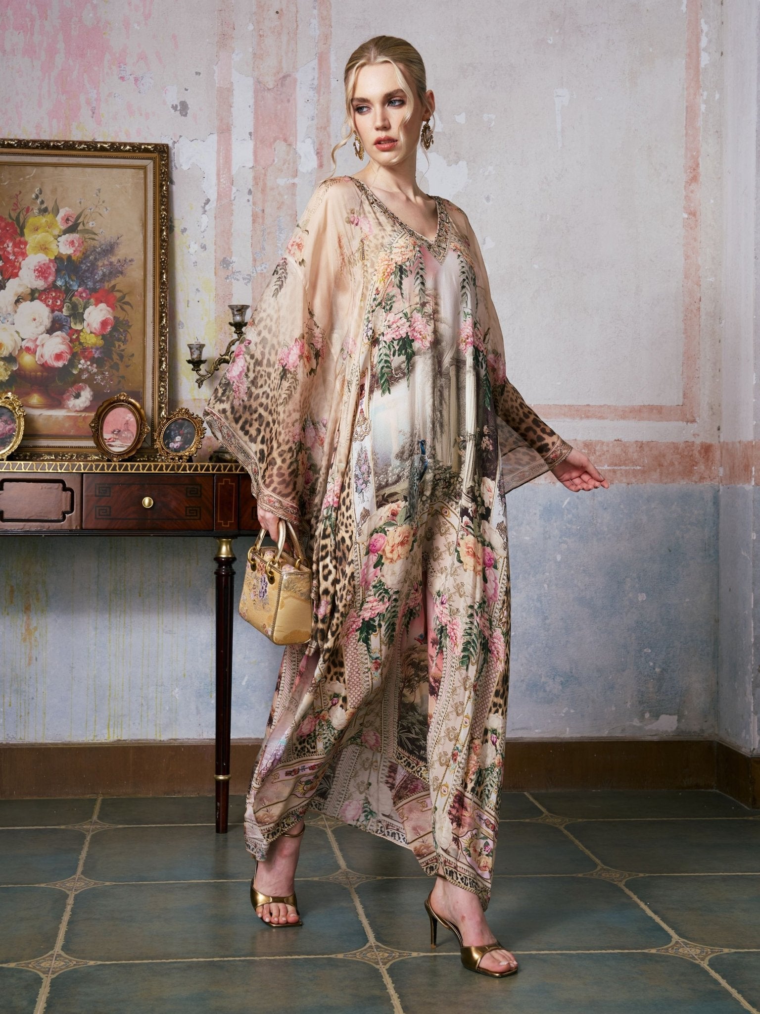 Printed Mulberry Silk Kaftan Dress - Social Queen