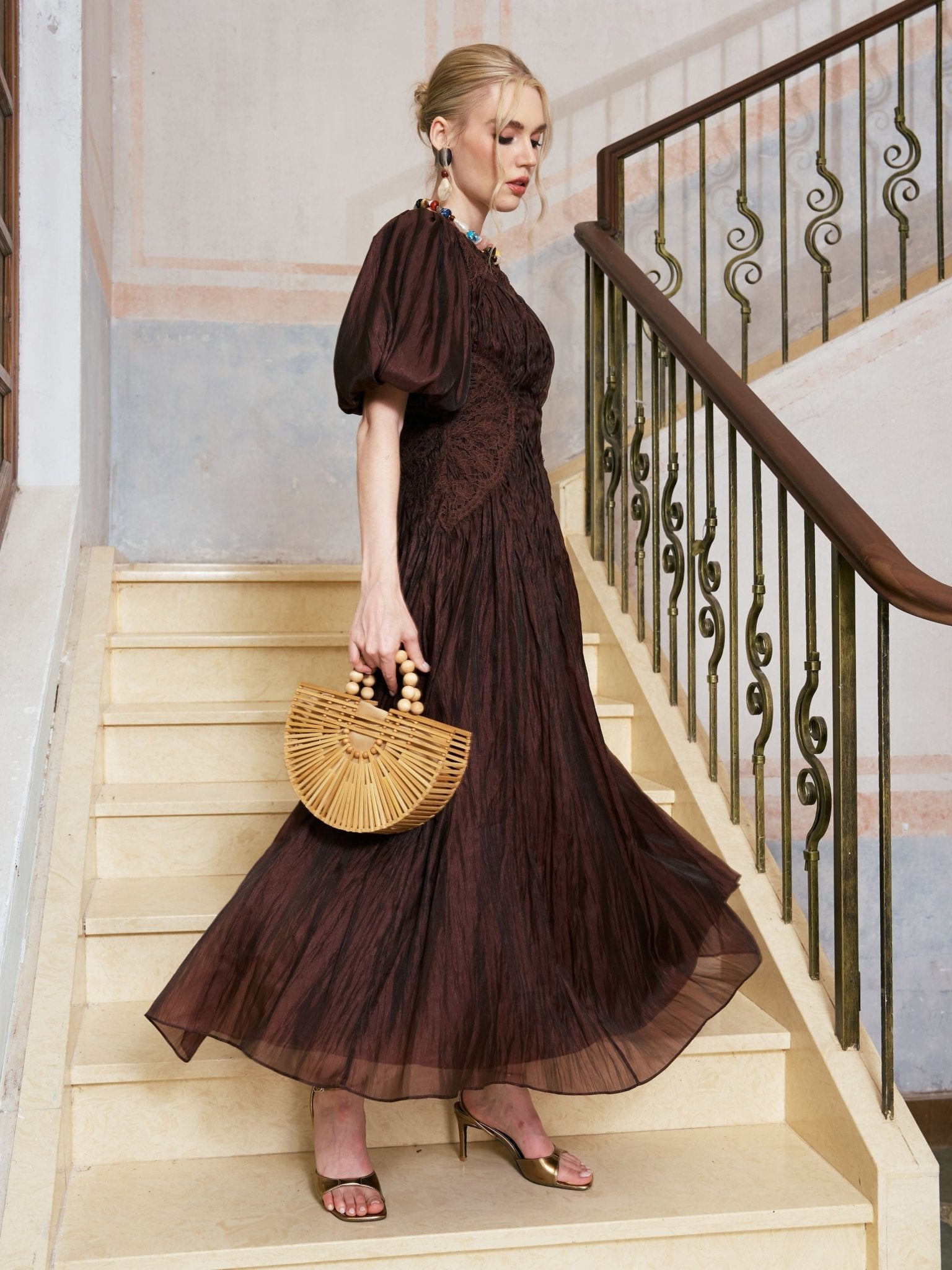 Puff Sleeve Textured Lace Dress BROWN / S