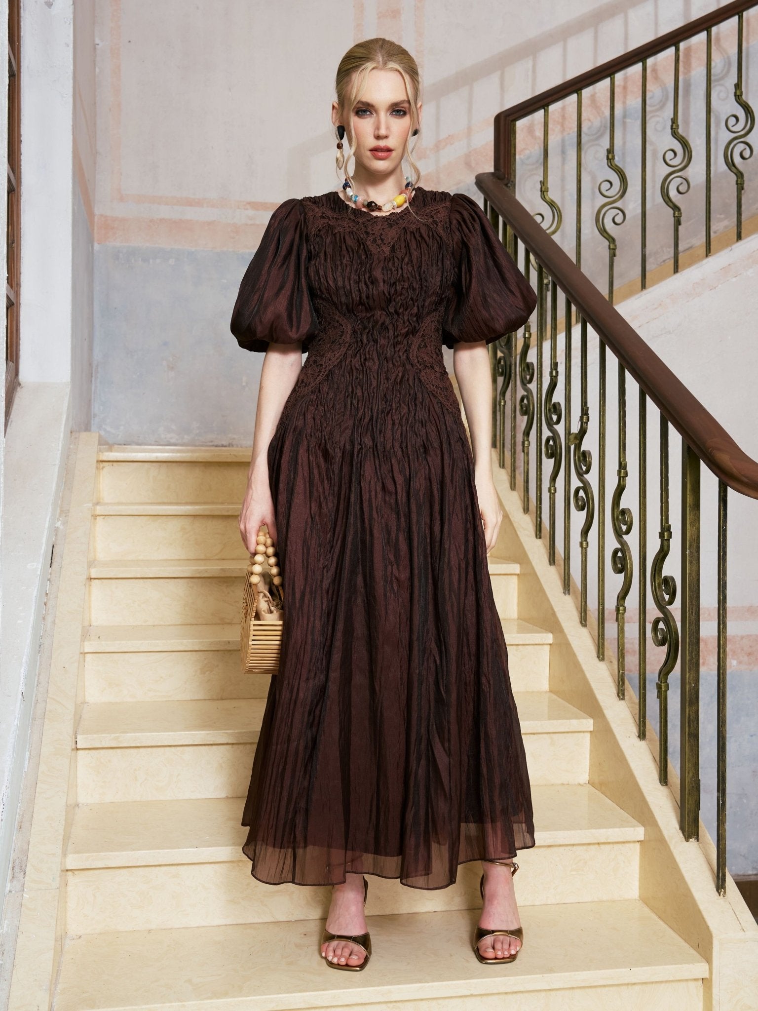 Puff Sleeve Textured Lace Dress