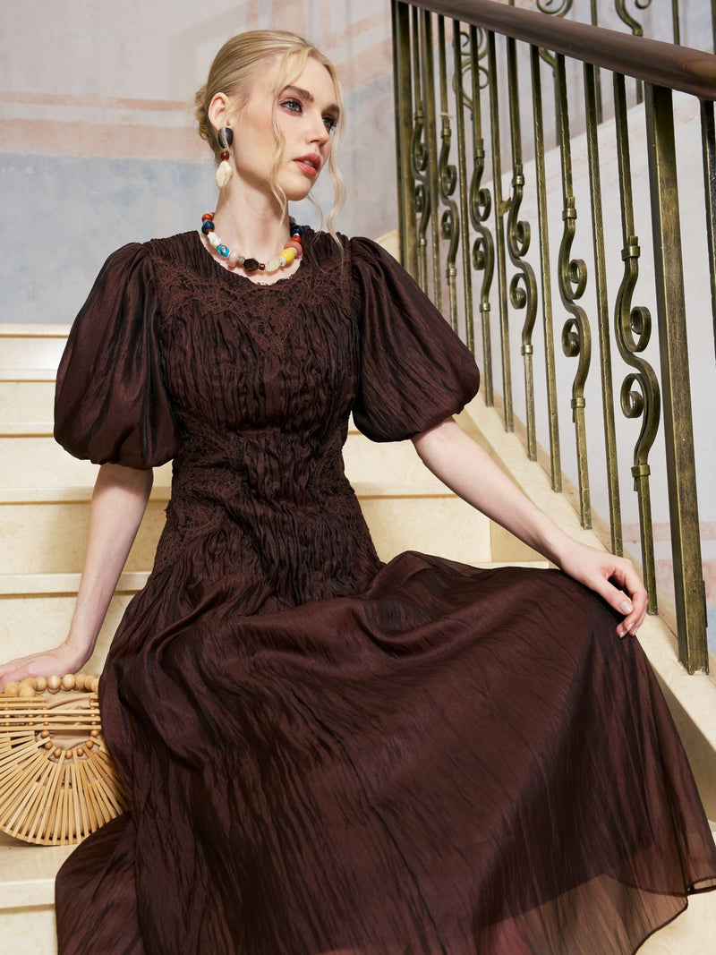 Puff Sleeve Textured Lace Dress - Social Queen