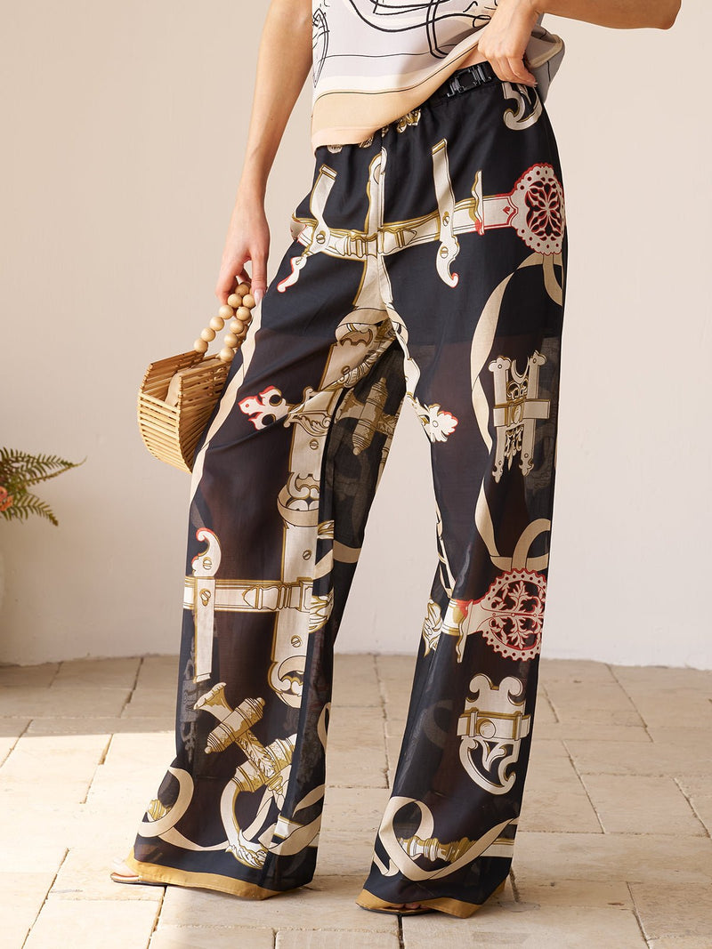 Retro Print Wide - Leg Cotton Pants - Social Queen