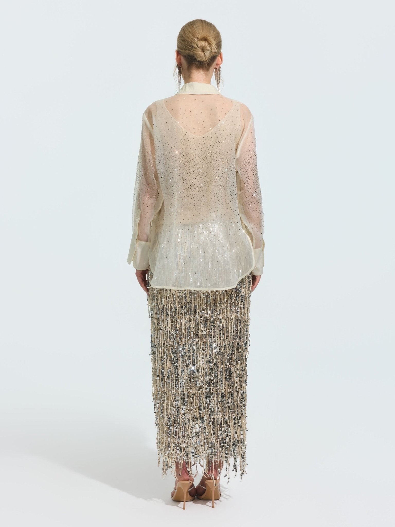 Rhinestone Detail Sheer Shirt (Camisole Not Included) - Social Queen