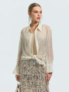 Rhinestone Detail Sheer Shirt (Camisole Not Included) - Social Queen