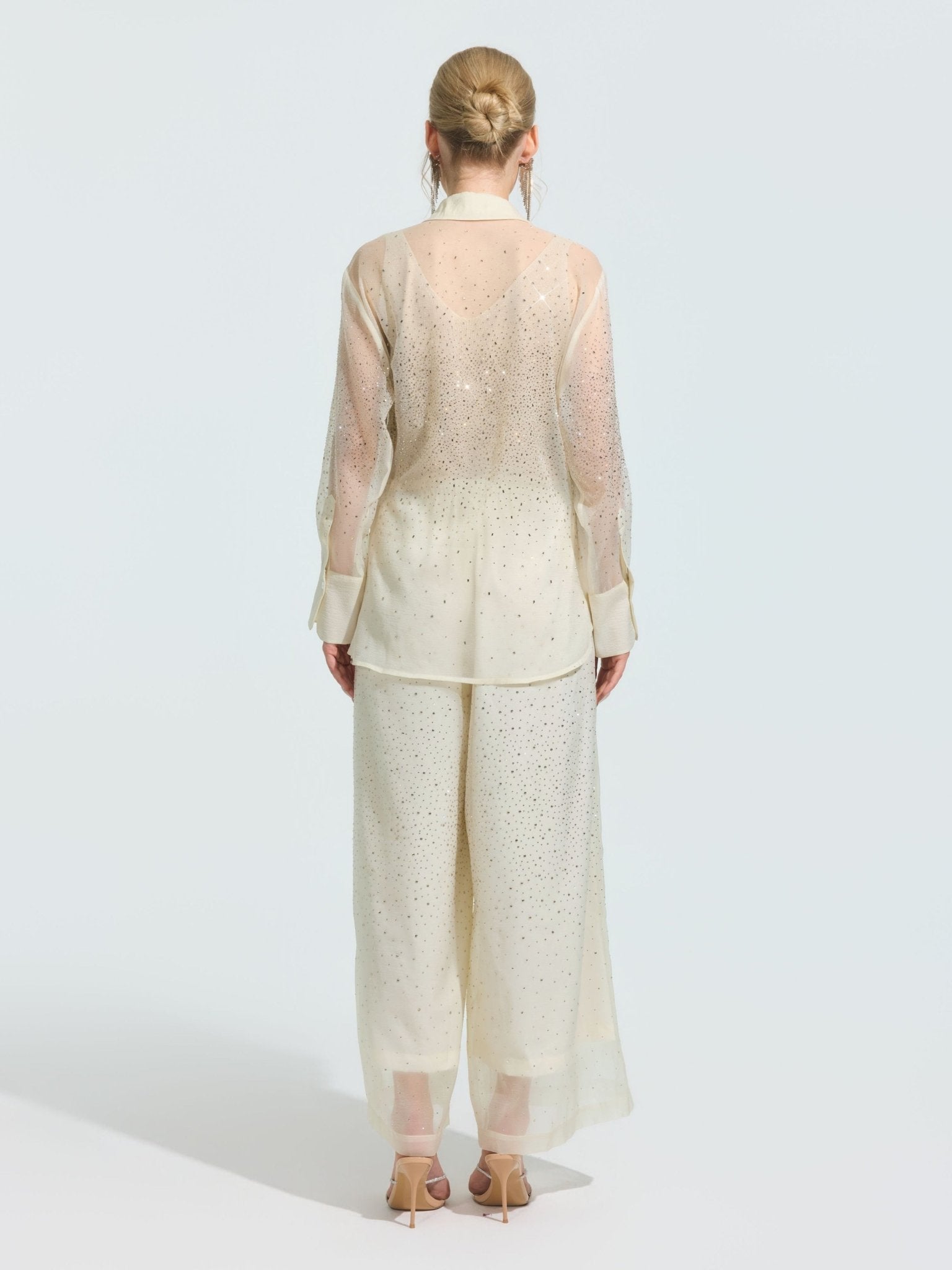 Rhinestone Detail Wide-Leg Pants - Social Queen
