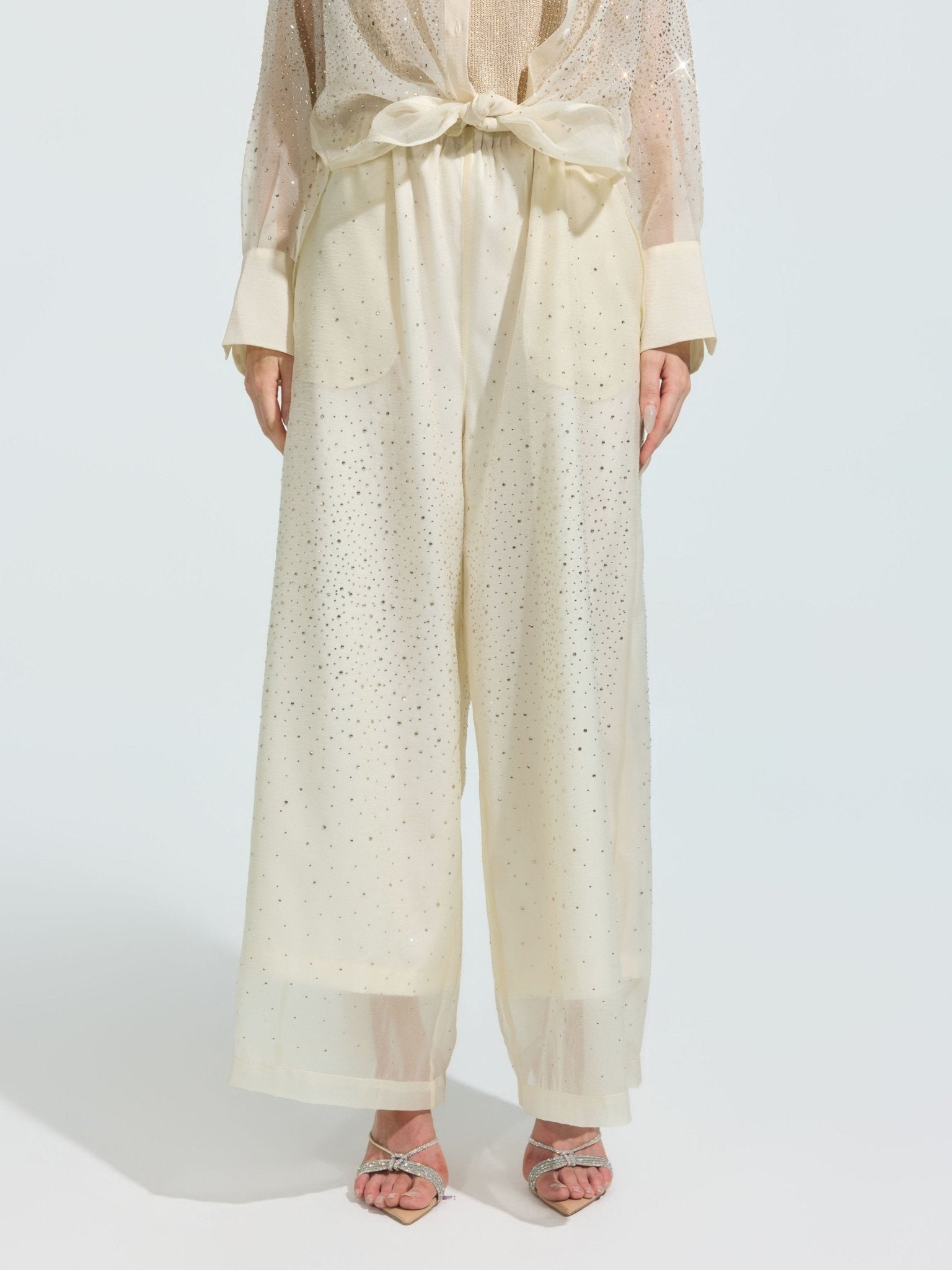 Rhinestone Detail Wide-Leg Pants - Social Queen