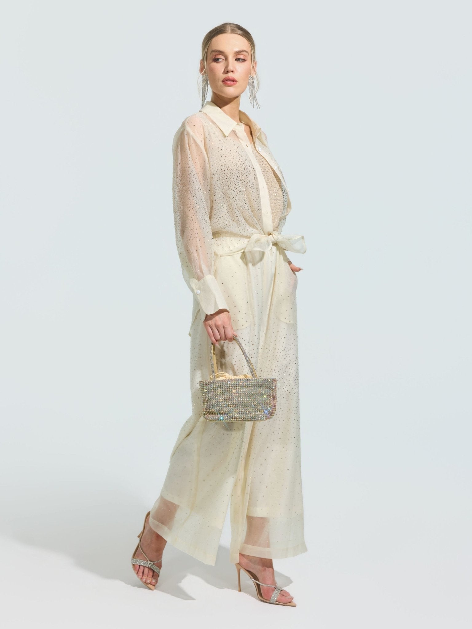 Rhinestone Detail Wide-Leg Pants - Social Queen