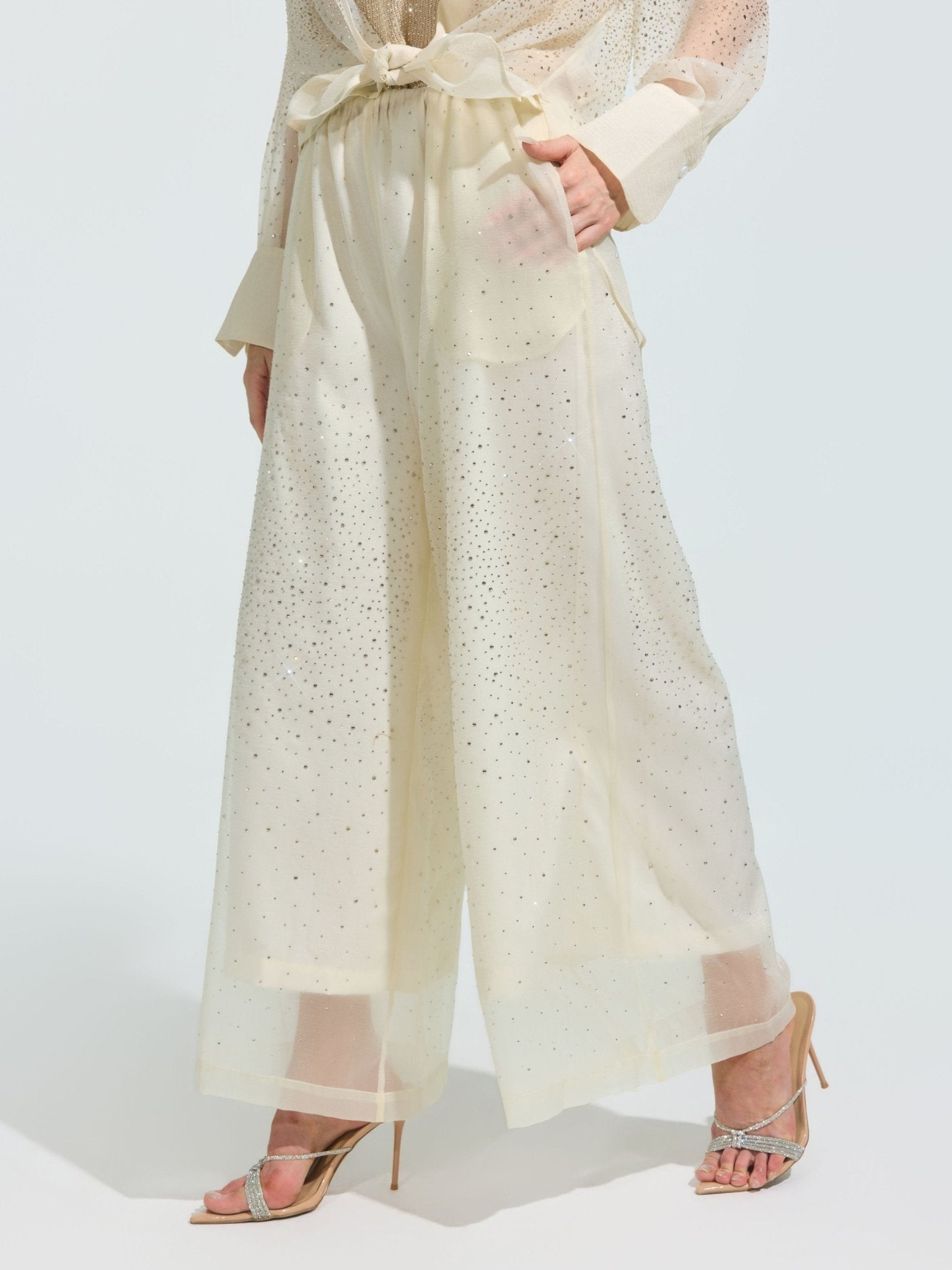 Rhinestone Detail Wide-Leg Pants - Social Queen