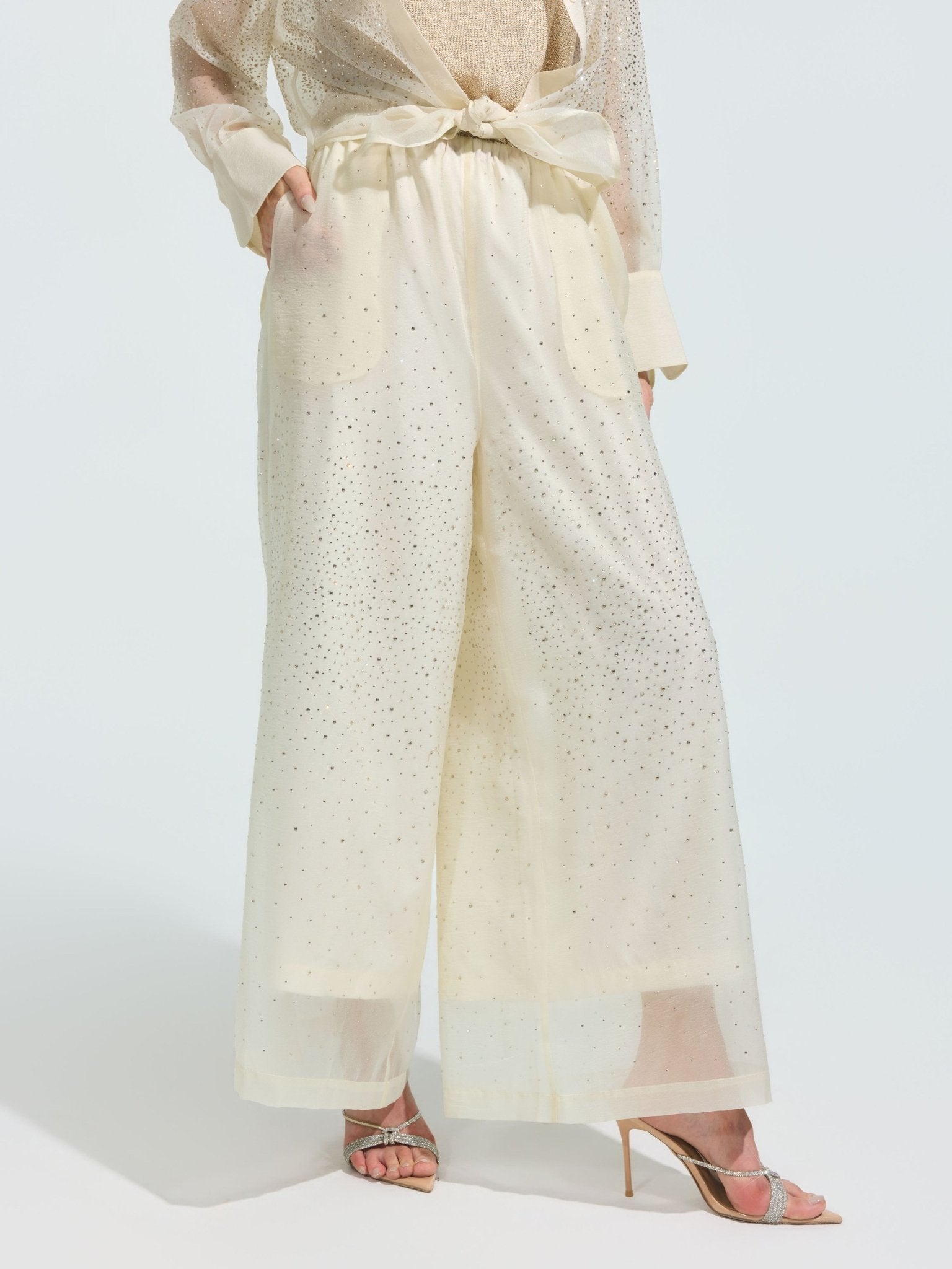 Rhinestone Detail Wide-Leg Pants - Social Queen