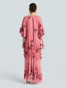 Rose Appliqué 100% Mulberry Silk Dress - Social Queen
