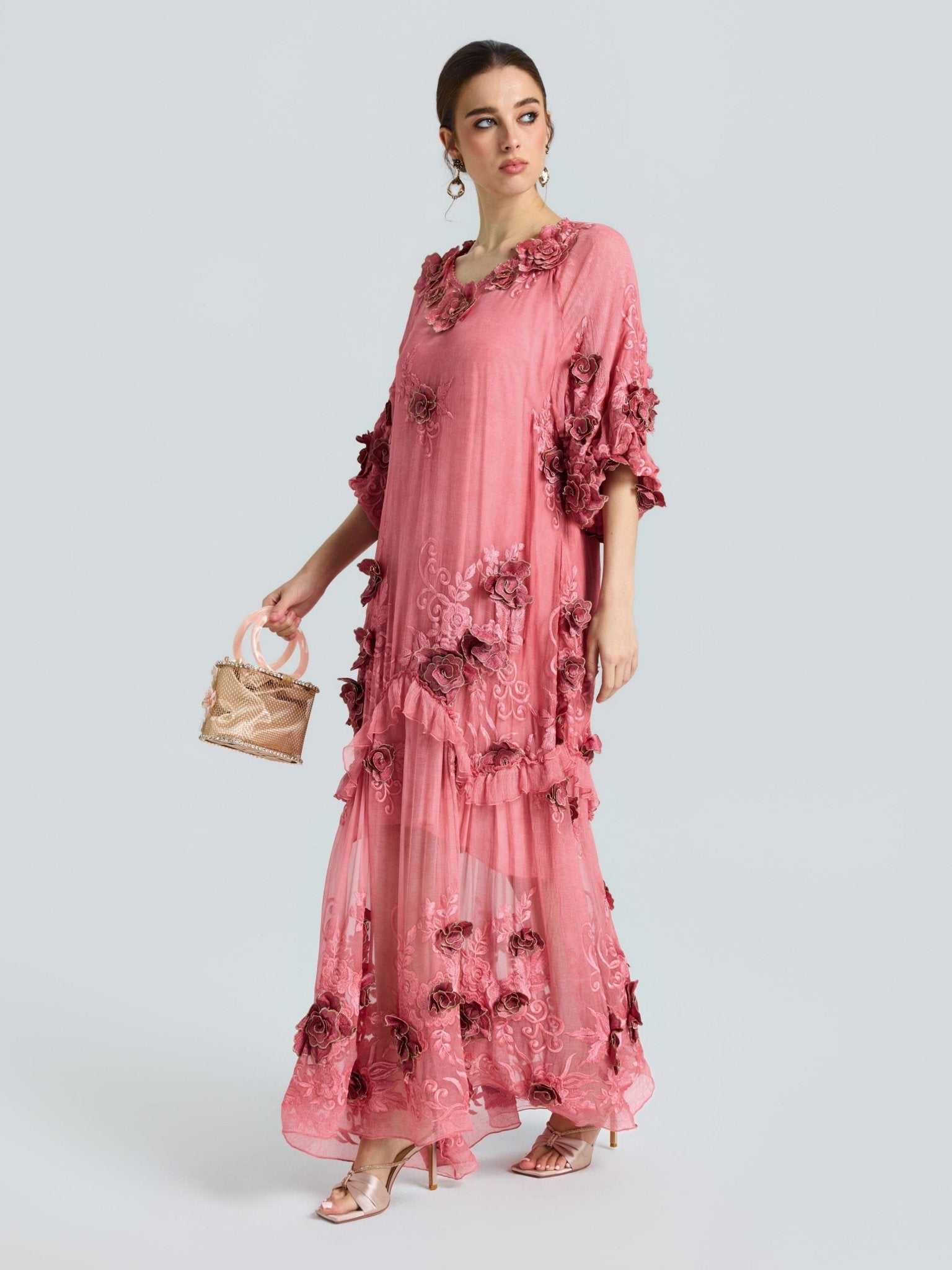 Rose Appliqué 100% Mulberry Silk Dress - Social Queen