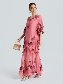 Rose Appliqué 100% Mulberry Silk Dress - Social Queen
