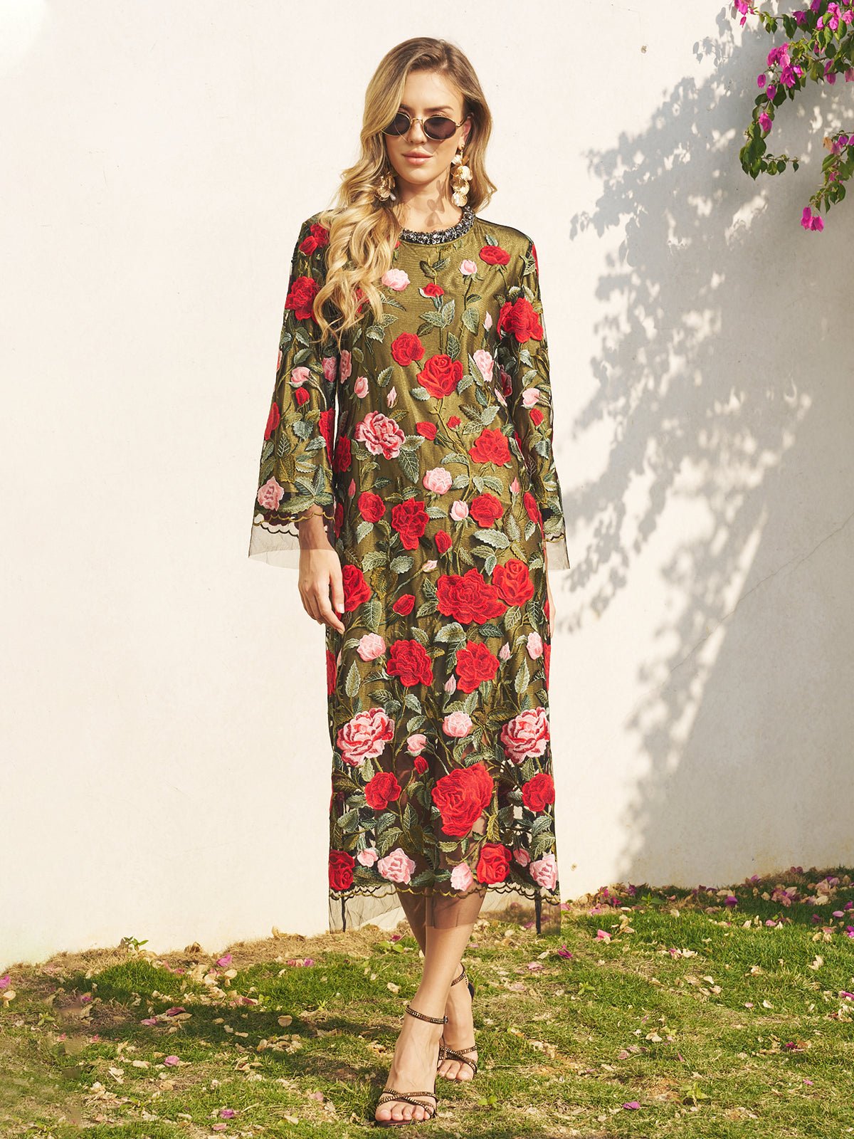 Rose Embroidered Beaded A-Line Dress GREEN / S