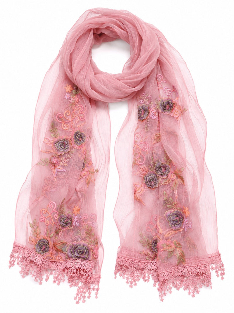 Rose Embroidered Silk Scarf - Social Queen