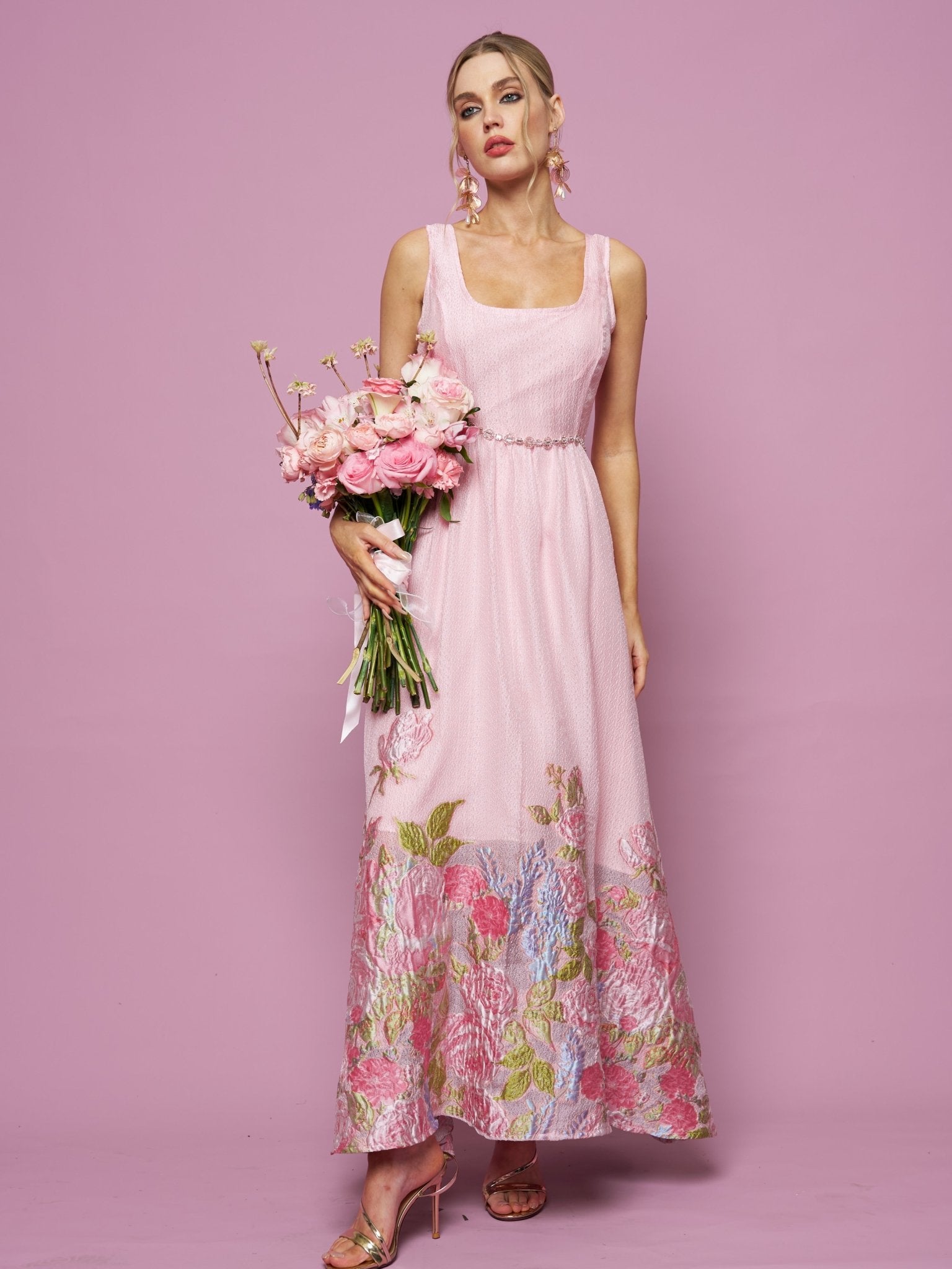 Rose Jacquard Sleeveless Gown LIGHT PINK / S