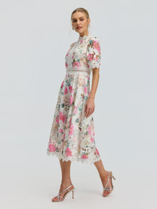 Rose Print Cutwork Lace Dress - Social Queen