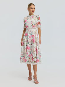 Rose Print Cutwork Lace Dress - Social Queen