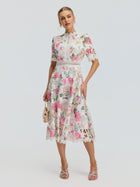 Rose Print Cutwork Lace Dress - Social Queen