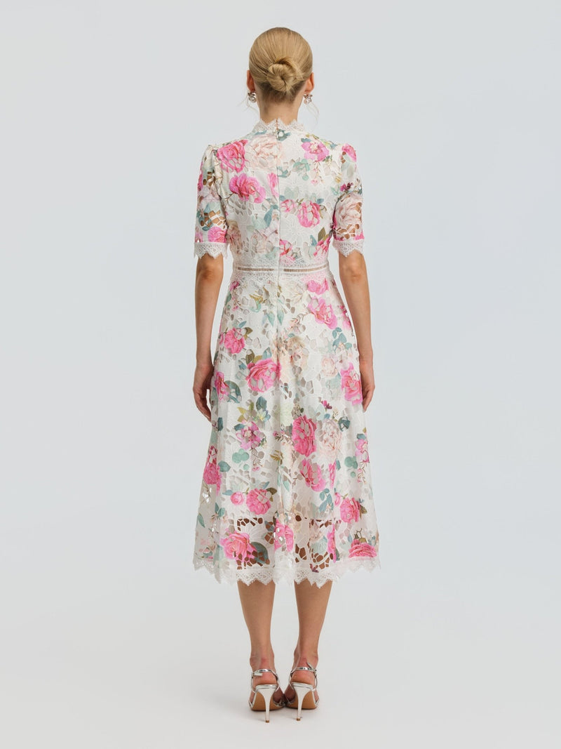 Rose Print Cutwork Lace Dress - Social Queen