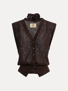The Social Queen Rose-Tie Neck Knit Cardigan is a brown, sleeveless, cropped knit with a V-neck, button closure, matching scarf, and fitted silhouette, shown on a plain backdrop.