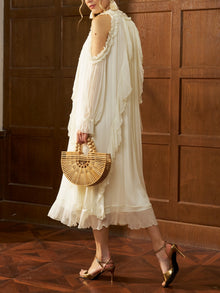 Ruffle Trim Silk Off - Shoulder Dress - Social Queen