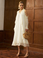 Ruffle Trim Silk Off - Shoulder Dress - Social Queen